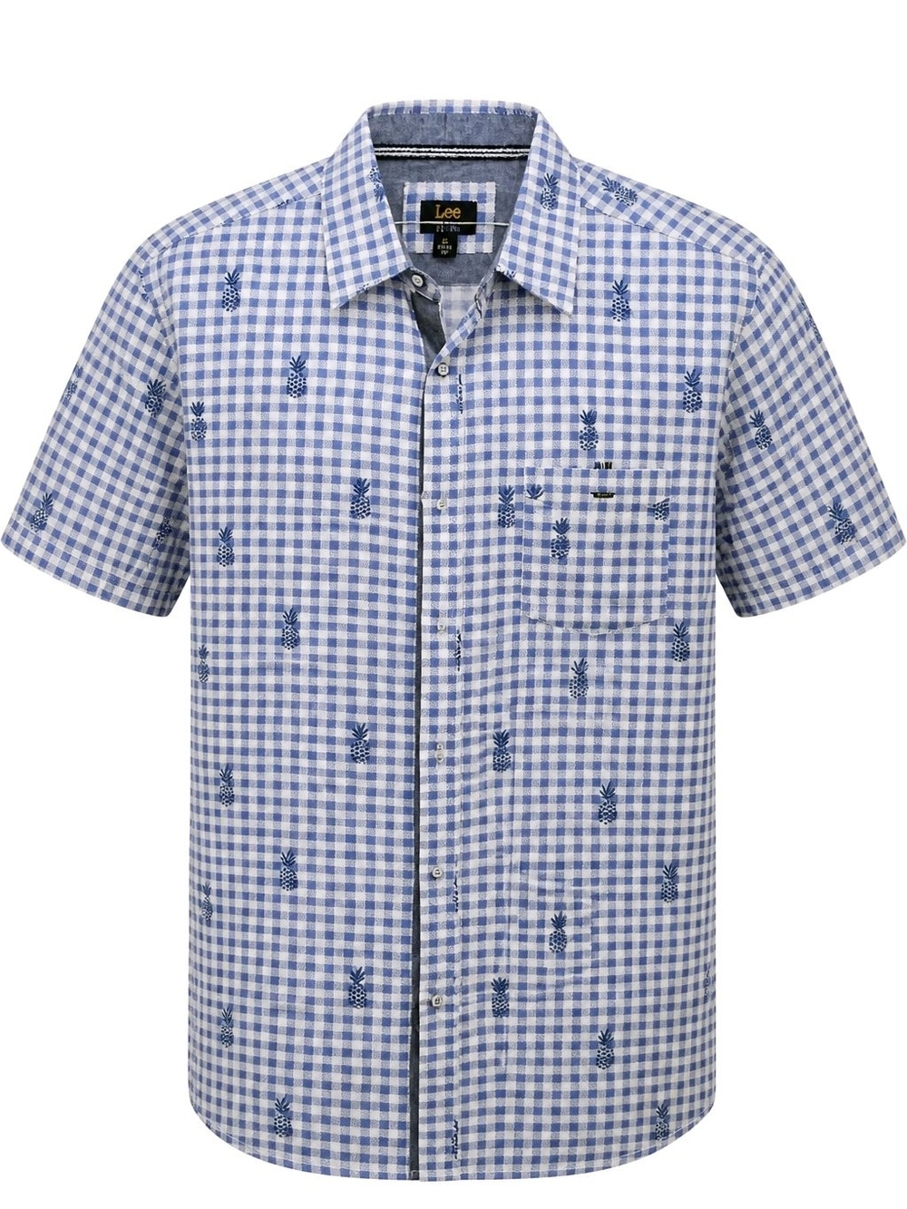 Lee Blue Gingham Short Sleeve Button-Down Shirt with Pineapple Motif